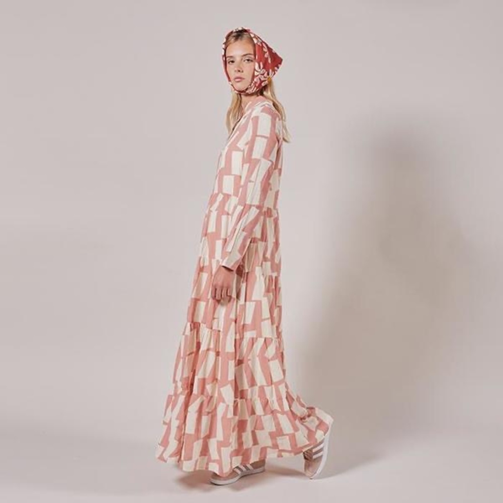 Bobo Choses Rectangle print organic Pink Cream cotton maxi dress long sleeve Sm